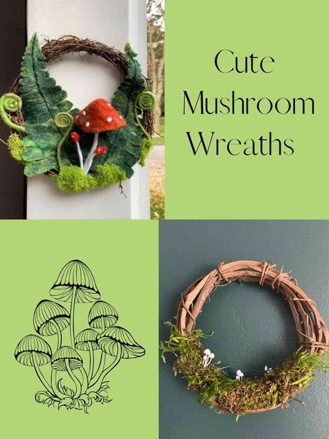 23 Mushroom Wreath Ideas - PinkPopDesign Yarn Mushroom Diy, Wreaths With Mushrooms, Spring Mushroom Wreath, Felt Wreath Ideas, Cottagecore Felt Crafts, Wreath With Mushrooms, Mushroom Diy Crafts Ideas, Mushroom Fall Decor, Mushroom Wreath Diy