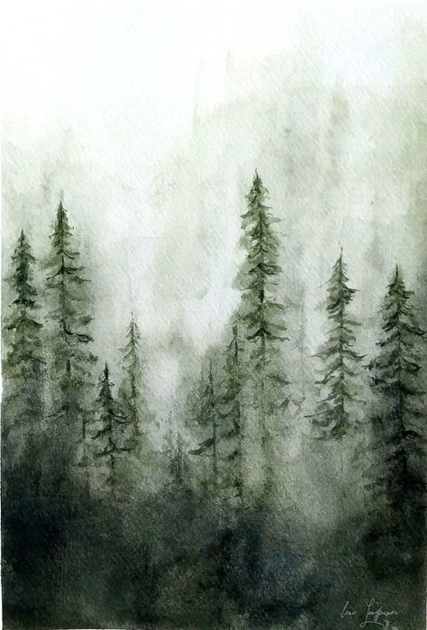 Grey Forest Painting, Forest Drawing Watercolour, Dark Forest Watercolor, Woods Watercolor, Watercolour Forest, Winter Scenes Wonderland, Forest Sketch, Yellow Forest, Pine Tree Painting