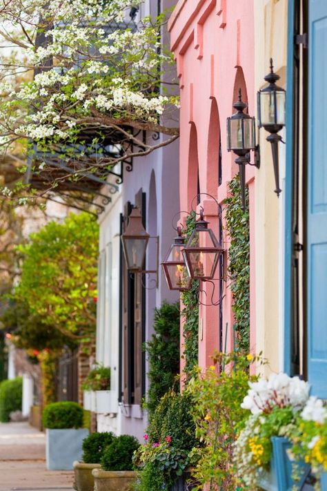 Charleston Houses, Rainbow Row Charleston, Charleston Trip, Southern Aesthetic, Summer Senior Pictures, Southern Architecture, Charleston Travel, Rainbow Row, Charleston Homes