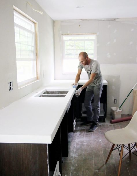 DIY White Concrete Countertops | Chris Loves Julia Polished Concrete Countertops, Concrete Countertop Ideas, Diy White Concrete Countertops, Bathroom Concrete, Concrete Countertops Bathroom, White Concrete Countertops, Kitchen Remodel Countertops, Countertops Bathroom, Kitchen Countertop Materials