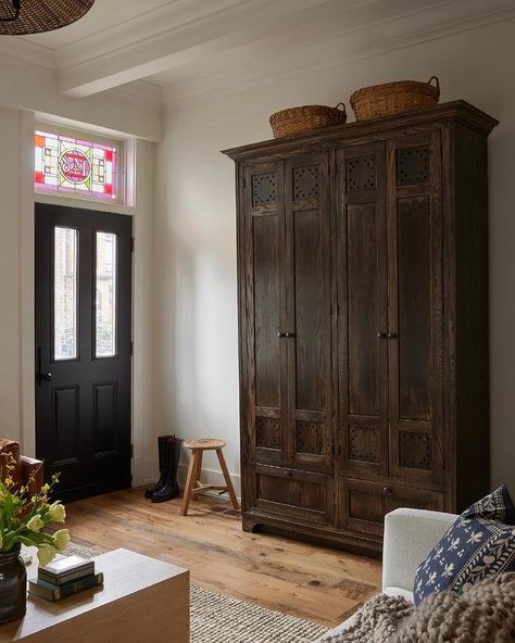 Beach House Entryway, Black Wainscoting, Emily Henderson Design, Modern Foyer, Vintage Armoire, Small Foyer, Ford Interior, Console Table Styling, White Shiplap Wall