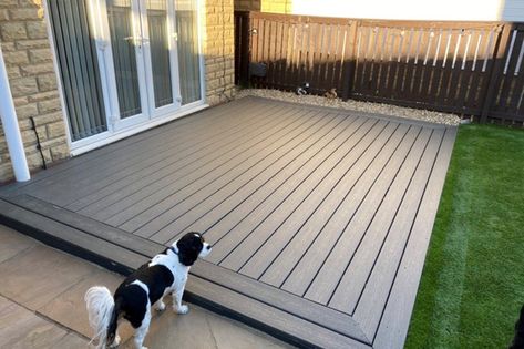 Small Trex Deck, Ground Level Trex Deck, Trex Deck Layout Ideas, Trex Deck Over Concrete Porch, Clam Shell Trex Decking, Trex Deck Patterns, Floating Trex Deck Ideas, Trex Patio Ideas, Trex Clam Shell Deck