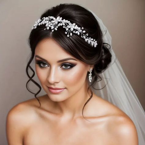 Elevate Your Bridal Hairstyle With This Stunning Crystal Pearl Hair Comb. This Delicate Hair Accessory Features An Intricate Design Of Sparkling Crystals And Lustrous Pearls. The Comb Is Easy To Secure In Any Hairstyle, Making It A Versatile Choice For Brides. Bridal Hair Accessories, Wedding Veil, Bridal Veil, Lace Veil, Tulle Veil, Cathedral Veil, Fingertip Veil, Birdcage Veil, Blusher Veil, Chapel Veil, Wedding Hair Clip, Bridal Hair Clip, Pearl Hair Clip, Crystal Hair Clip, Rhinestone Hair C Wedding Hair With Sparkle, Wedding Hair Decoration Headpieces, Bedazzled Wedding Hair, Wedding Hairpiece With Veil, 2024 Bride Hairstyles, Wedding Hair Pieces Headpieces, Bridal Wedding Hair With Veil, Bride Headpiece With Veil, Wedding Hair Accessories With Veil