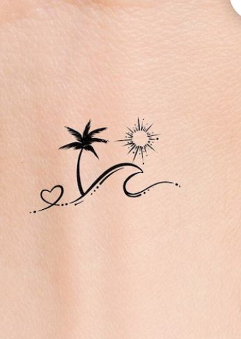 Island Life Tattoo Ideas, Matching Sunset Tattoos, Matching Hawaiian Tattoos, Beach Couple Tattoos, Mexico Tattoo Ideas For Women, Beach Travel Tattoo, Beach Memorial Tattoo, Dainty Beach Tattoos For Women, Beach Simple Tattoo