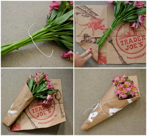 Make a cute flower holder out of a Trader's Joe's bag!  www.happinessiscreating.com Flowers In Brown Paper, Wrap Flowers In Paper, Paper Bag Wrapping, Paper Bag Flowers, Wrap Flowers, Paper Grocery Bags, Bouquet Holder, Flower Bouquet Diy, How To Wrap