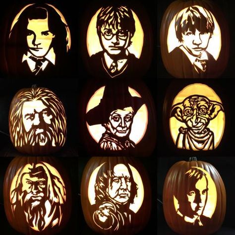 I still have 2 pumpkins left but here is the characters of Harry Potter. I still want to carve out a Hedwig and do a setup for good pictures but for now this is what I have.Hermione GrangerHarry Potter Ron Weasley Rubeus HagridProfessor Minerva McGonagallDobby Professor Albus DumbledoreProfessor Severus SnapeDraco MalfoyGinny WeasleyLucius Malfoy Bellatrix LestrangeLord VoldemortThe Hogwarts CrestSirius BlackProfessor Alastor %93Mad Eye%94 MoodyThe Sorting HatI had originally carved these I fou Hermione Pumpkin, Hogwarts Pumpkin Carving, Harry Potter Pumpkin Carving, Pumpkin Carving Stencils Templates, Harry Potter Pumpkin, Printable Pumpkin Stencils, Pumpkin Stencils Free, Pumpkin Stencils, Pumkin Carving