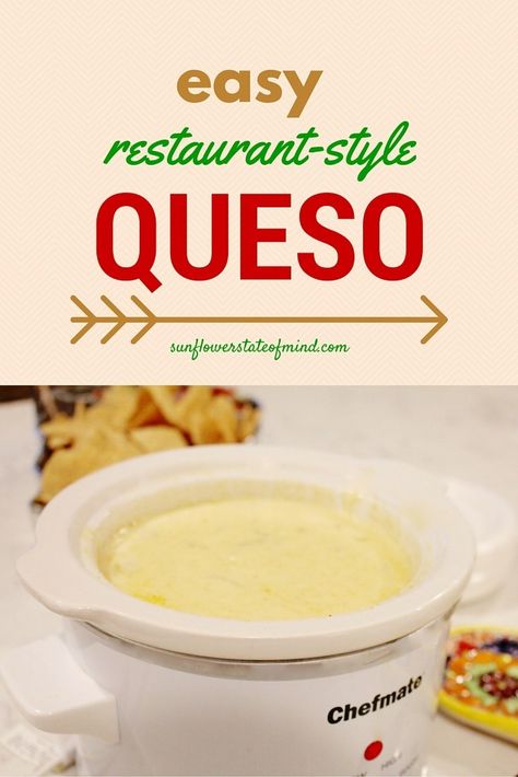 Easy Crockpot Queso Recipe - Sunflower State of Mind Restaurant Queso Recipe, Easy Crockpot Queso, Crockpot Queso Recipe, Crockpot Queso, Cheese Dip Crock Pot, Restaurant Appetizers, Crock Pot Dips, Crockpot Appetizers, Queso Dip Recipes