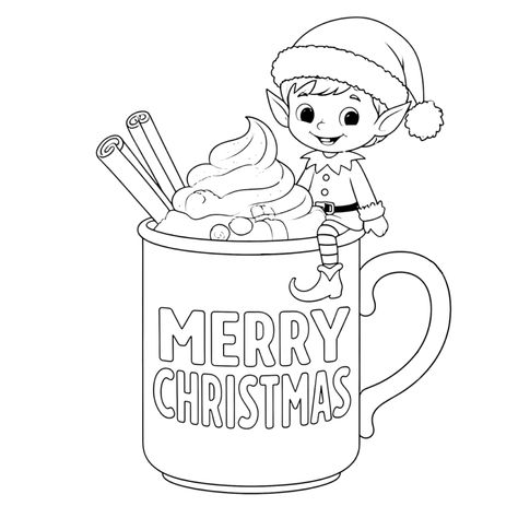 This adorable black-and-white coloring page features a cheerful elf perched on a giant mug of hot chocolate, complete with delicious toppings and festive decor. The cup proudly proclaims "MERRY CHRISTMAS," making it a perfect addition to your holiday activities. Unleash your creativity by adding vibrant colors to this whimsical scene. Ideal for family fun, holiday crafts, or even as a unique gift for friends and loved ones, this coloring page captures the joy of the season. Hot Chocolate Coloring Pages, Chocolate Coloring Pages, Christmas Elf Coloring Pages, Elf Coloring Pages, Fun Holiday Crafts, Coloring Contest, Christmas Coloring, Festive Decor, Christmas Makes