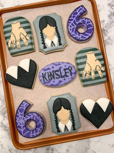 Wednesday Addams Birthday Cookies, Wednesday Decorated Cookies, Wensday Cookies, Wednesday Adams Cookies, Wednesday Adams Decorated Cookies, Enid Birthday Party, Adams Family Cookies Decorated, Wednesday Royal Icing Cookies, Wednesday Addams Cake Pops