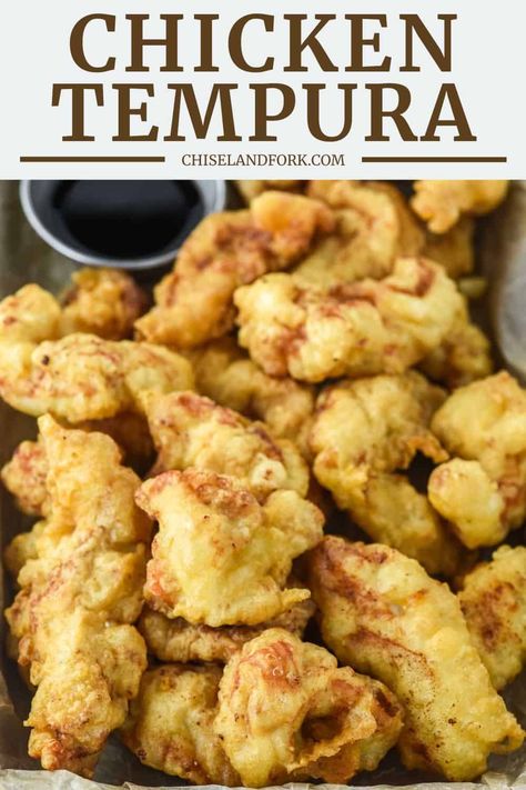 Make authentic Japanese chicken tempura with a crispy, fluffy exterior and juicy interior that can be prepared in under 30 minutes. #chickentempura #tempura #chicken | chiselandfork.com Tempura Chicken, Chicken Tempura, Oven Baked Chicken Tenders, Honey Bbq Wings, Tempura Recipe, Japanese Chicken, Baked Chicken Tenders, Honey Walnut Shrimp, Fry Recipes