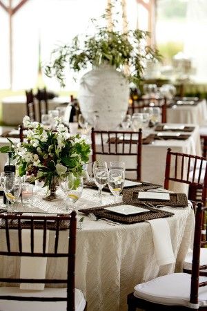 Elegant-Brown-and-Green-Wedding-Reception Chiavari Chairs Wedding, Herb Centerpieces, Chairs Wedding, Gold Wedding Reception, White Linens, Reception Tablescapes, Newport Wedding, Simple Elegant Wedding, Tuscan Wedding