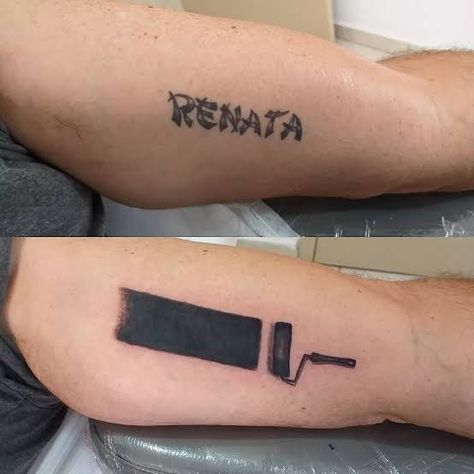 Funny Cover Up Tattoos, Paint Brush Cover Up Tattoo, Small Wrist Tattoos Cover Up, Tattoo Cover Up For Words, Tattoo Cover Ups Men, Recover Tattoo Ideas, Simple Cover Up Tattoos Men, Wrist Tattoos Men Cover Up, Cover Up Wrist Tattoo For Men