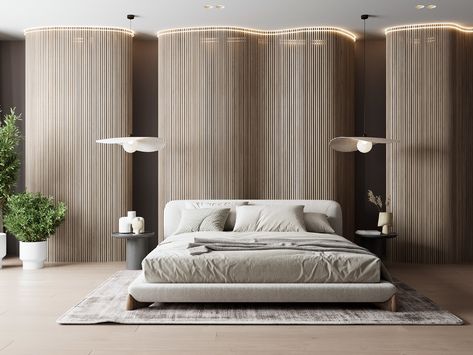 Large Bedroom Design, Monochrome Bedroom, Headboard Wall, Wood Accent Wall, Bedroom Red, Pretty Bedroom, Curved Sofa, Modern Bedroom Design, Stylish Bedroom