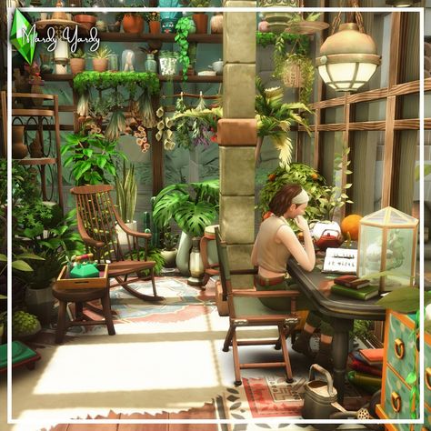 Sims 4 Atrium, Sims 4 Greenhouse Interior, Sims 4 Workshop, Green House Sims 4, Sims 4 Cottage Bedroom, Sims 4 Greenhouse Ideas, Sims 4 Cottagecore House, Sims 4 Sunroom, Sims 4 Patio