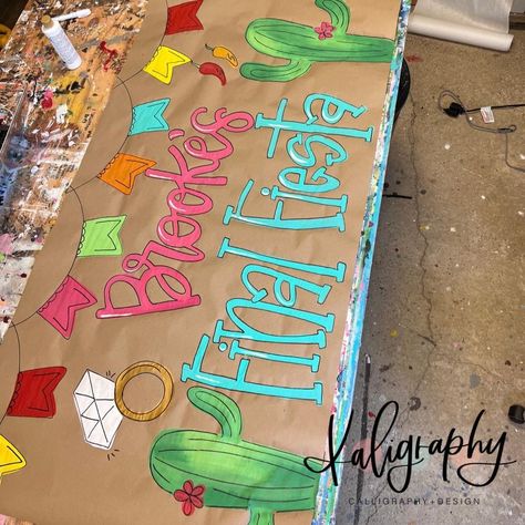 Brown Craft Paper Birthday Sign, Taco Bar Banner, Paper Banner Ideas, Brown Paper Sign, Brown Paper Signs, Painted Banner Ideas, Kraft Paper Banner, Painting Balloons, Final Fiesta Bachelorette Party