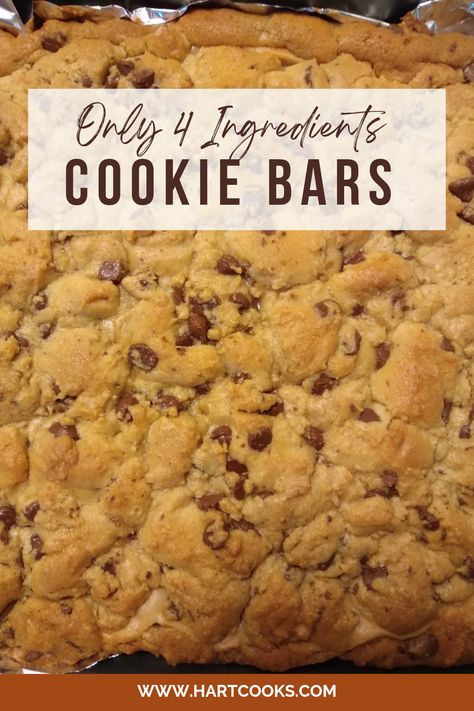 These cookie bars are so easy! Only need 4 ingredients for this delicious cookie bake. Easy Bar Recipes 4 Ingredients Simple, Easy Bars Recipes 9x13, Easy Cookie Bars 4 Ingredients, Baked Bars, Butter Cookie Bars, Peanut Butter Chocolate Chip Cookie, 4 Ingredient Cookies, Peanut Butter Cookie Bars, Cookie Bars Easy