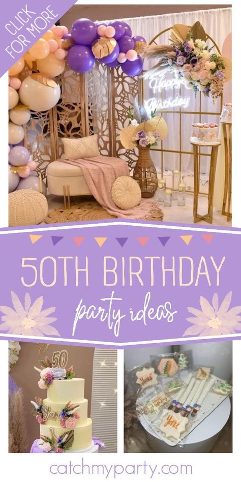 Don't miss this gorgeous boho 50th birthday party! The party food is amazing! See more parties ideas and share yours at CatchMyParty.com Boho 50th Birthday Party Ideas, Boho 50th Birthday Party, Surprise 50th, Boho Chic Party, Party Planning Checklist, Birthday Ideas For Her, Rustic Party, Happy 50th Birthday, Boho Theme