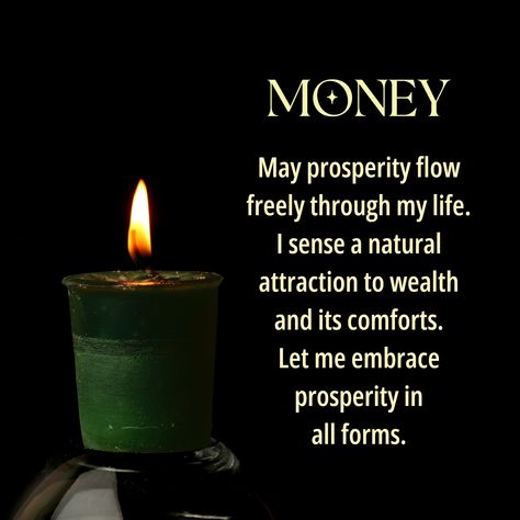 The forest green Money Votive Candle is scented with a fragrant blend of clove, cinnamon, nutmeg, myrrh, citronella and rain oils. The affirmation reads: "May prosperity flow freely through my life. I sense a natural attraction to wealth and its comforts. Let me embrace prosperity in all forms." Use the Money Candle to attract lotteries, raises and cash. You can also use it in combination with the Abundance Candle for business moves, career moves or starting new projects. When you are ready to u Money Spells That Work Fast Without Ingredients, Morning Spells, Green Candle Magic, Abundance Spells, Crystal Meanings Charts, Abundance Candle, Candle Magick Spells, Money Oil, Money Candle Spell