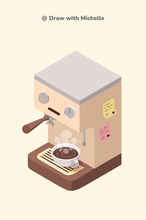 Coffee Machine Drawing, Coffee Machine Illustration, Procreate Easy, Anime Coffee, Drawing In Procreate, Coffee Doodle, Coffee Infographic, Isometric Drawing, Casual Art