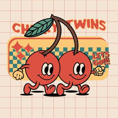 Fruit Character Design, Retro Cartoon Characters, Peach Tattoo, Cherry Art, Logos Vintage, Logos Retro, Wallpaper Retro, Logos Ideas, Rubber Hose