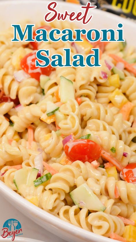 Take your pasta salad game to the next level with this sweet and creamy macaroni salad! Made with a surprising twist—sweetened condensed milk—this recipe blends savory and sweet flavors for a nostalgic dish that's perfect for potlucks, picnics, and family gatherings. Loaded with fresh veggies, cheddar cheese, and a tangy dressing, this salad is a crowd-pleaser every time. 🌿✨ Pasta Salad Recipe With Sweetened Condensed Milk, Sweetened Condensed Milk Pasta Salad, Sweet Macaroni Salad Condensed Milk, Sweet Pasta Salad Recipes, Sweet Macaroni Salad Recipe, Sweet Macaroni Salad, Sweet Pasta Salads, Working Mom Meals, Sweet Pasta