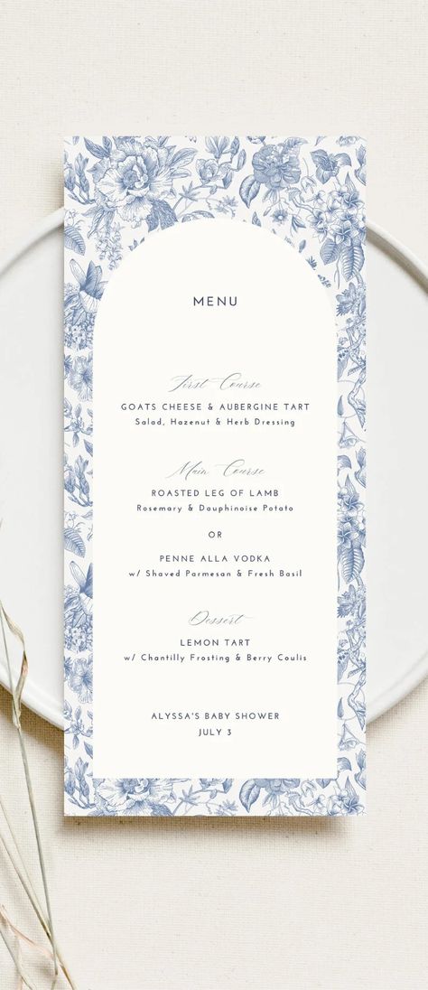 Elegant Toile Menu Card Vintage Baby Shower Menu Template Dusty Blue Bridal Shower Place Card Blue Floral Chinoiserie Party Menu Editable - Etsy Menu Design For Party, Dusty Blue Modern Wedding, Blue And White Wedding Seating Chart, Blue Wedding Menu Cards, Blue Menu Design, Chinoiserie Baby Shower Theme, Light Blue Graphic Design, Blue Wedding Aesthetic, Elegant Menu Design