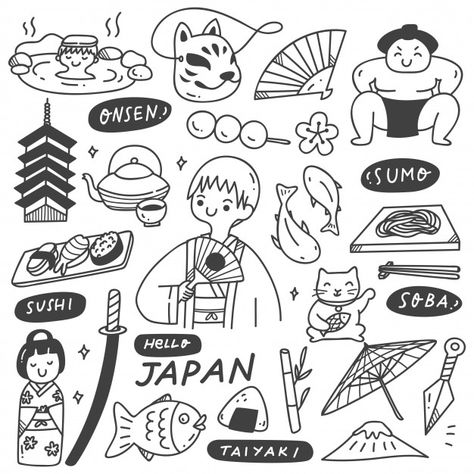 Japan culture doodle set Premium Vector | Premium Vector #Freepik #vector #food #city #hand #cartoon Artist Icon, Hand Cartoon, Japan Icon, Japanese Food Illustration, Travel Doodles, Materi Bahasa Jepang, Japan Illustration, About Japan, Food City