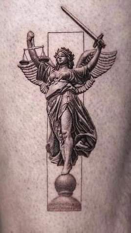 Lady Justice Statue Tattoo, Lady Fortuna Tattoo, Justice Goddess Tattoo, Cowboy Outline Tattoo, Greek Back Tattoo Women, Angel Of Justice Tattoo, Statue Of Justice Tattoo, Justice Statue Tattoo, Themis Tattoo Design