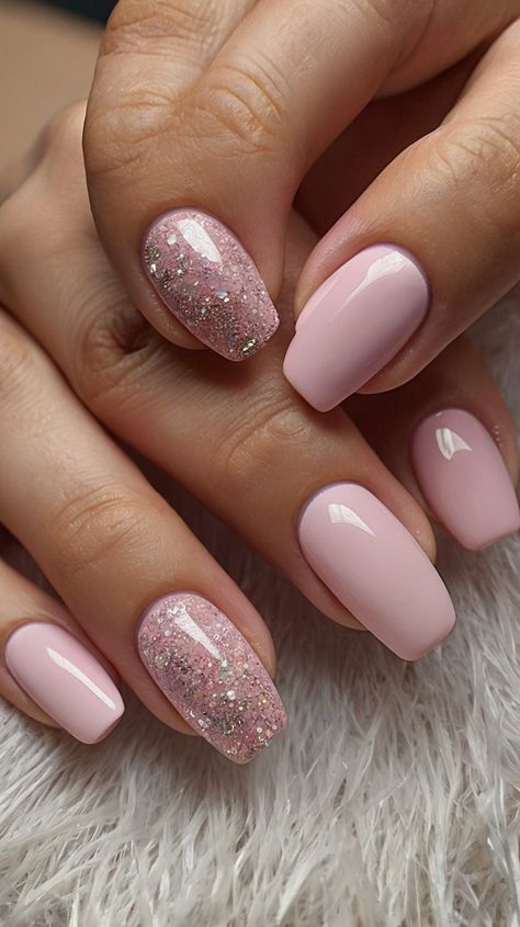 pink nails Light Pink Manicure Ideas, Nails Acrylic Light Pink, Simple Nail Designs Pink, Simple Light Pink Nails, Light Pink Winter Nails, Baby Pink Glitter Nails, Pink And Rose Gold Nails, Pink Simple Nails, Elegant Nails Pink