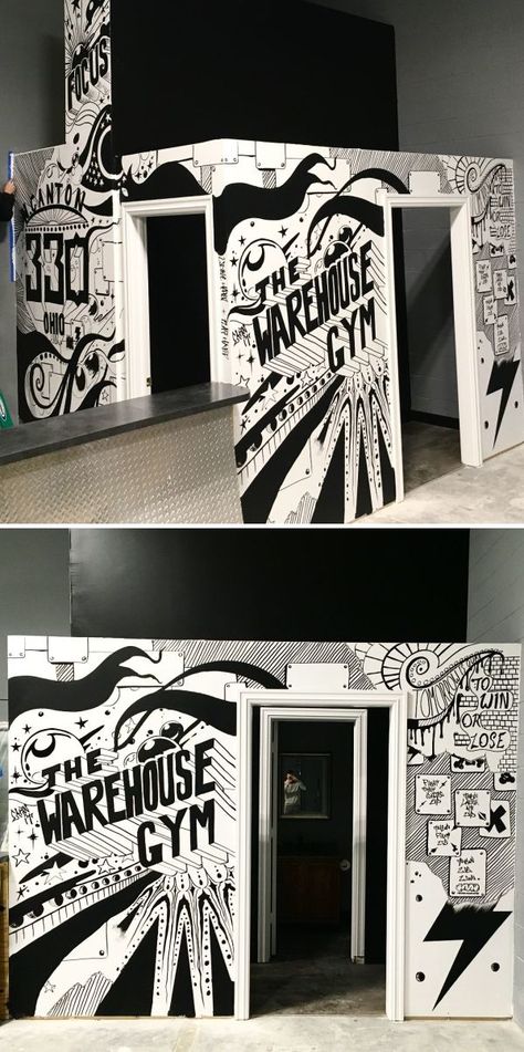 Mural by Tim Carmany at The Warehouse Training and Performance Gym Selfie Wall Ideas, Garage Mural Indoor, Home Gym Mural, Gym Mural Ideas, Gym Wall Art Graffiti, Gym Art Design, Gym Mural Wall Art, Gym Wall Mural, Gym Murals