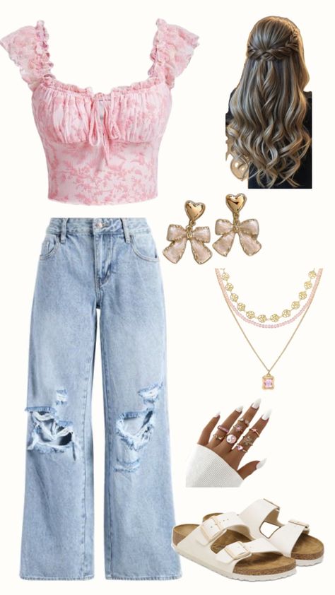 style w/ light wash baggy ripped jeans, bow earrings, pink/gold necklace set, pink/gold rings set, birkenstocks, and wavy hairdo with braid “crown” Pink Crop Top Outfit Jeans, Pink Crop Top Outfit, Wavy Hairdo, Frilly Crop Top, Gold Rings Set, Baggy Ripped Jeans, Braid Crown, Bow Jeans, Pink Gold Necklace