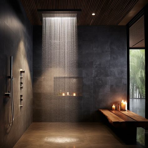 Rain Shower Head Moody Bathroom. Discover a world of moody bathrooms as we dive into twenty unique ideas that will transform your space into an atmospheric sanctuary for relaxation and rejuvenation. Cool Shower Ideas, Moody Shower Ideas, Rain Head Shower Master Bath, Dark Master Bath Ideas, Dark Shower Tile, Dark Moody Bathroom Ideas, Moody Spa, Dark And Moody Bathrooms, Day Spa Interiors