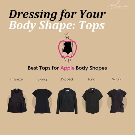 If you’re an apple shape, this is for you...👇👇👇 Apple body shapes often feature a larger bust, narrow hips, and a fuller midsection, which can make you look top-heavy with little waist definition. To balance your silhouette, choose clothes that add curves to your lower body and define your waist. For tops, opt for necklines that visually separate your bust from your tummy, like v-necks, sweetheart, scoop, square, and strapless. Choose tops that skim over your tummy and draw attention to you... Apple Body Shape Clothes, Apple Body Shape Fashion, Weekend Getaway Outfits, Apple Body Shape, Narrow Hips, Glamorous Evening Dresses, Apple Body Shapes, Long Pencil Skirt, Apple Shape