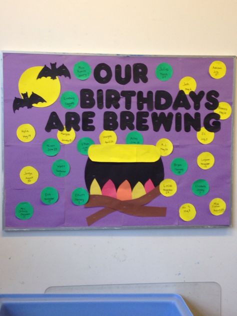 Halloween birthday board! Birthdays are brewing October Birthday Board Classroom, Birthday Board For Infants, Monthly Birthday Board Ideas For Work, Halloween Birthday Bulletin Boards, School Birthday Board Ideas, October Birthday Board Ideas, Halloween Birthday Board Classroom, October Birthday Bulletin Board Ideas, Fall Birthday Wall For Classroom