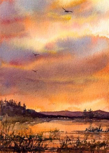 Morning Landscape Painting, Design Art Nouveau, Black Canvas Paintings, Fall Canvas Painting, Watercolor Art Landscape, Watercolor Sky, Watercolor Sunset, Canvas Drawings, Easy Canvas Painting