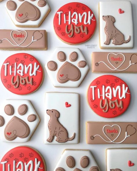 German Shepherd Royal Icing Cookies, Cookies Shaped Like Dogs, Pawprint Cookies Decorated, Dog Cutout Cookies, Veterinary Cookies Decorated, Cookies For Veterinarian, Dog Theme Cookies Decorated, Vet Thank You Cookies, Dog Cookie Decorated