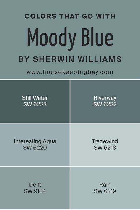 Colors that Go With Moody Blue SW 6221 by Sherwin Williams Moody Blues, Still Water, Complementary Colors, Coordinating Colors, Sherwin Williams, Color Schemes, Blue, Color, Colour Schemes