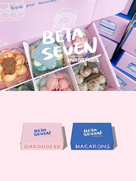 Macarons Packaging Design, Pink And Blue Packaging, Macaron Packaging Design, Dessert Packaging Design Branding, Macaron Logo Design Ideas, Macaron Logo Design, Bakery Packaging Design Stickers, Dessert Branding Design, Korean Packaging Design Food