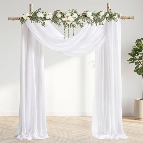 Chiffon Arch Wedding, Wedding Arch With Drapes, Wedding Arch Fabric Draping, Wedding Altar Ideas Indoor, Simple Wedding Arbor, White Wedding Arches, Simple Wedding Arch Ideas, Fall Wedding Arch, Wedding Arch Ceremony