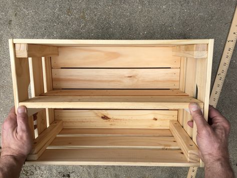 How to Create a Shelf in a Wooden Crate - Perfect for Entertaining Wooden Crate Pantry Storage Ideas, Shelf Made From Crates, Wood Box Shelf, Stacked Wooden Crates, Wooden Crate Nightstand Diy, Wooden Crate Shoe Storage, Wood Crate Shoe Storage, Diy Wood Crate Shelves, Wood Crates Shelves