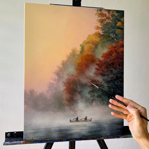 Foggy Lake Painting, Autumn Acrylic Painting Ideas, Misty Landscape Painting, Lake Acrylic Painting, Misty Autumn, Misty Landscape, Painting Landscapes, Acrylic Tutorials, Autumn Lake