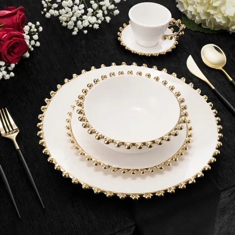 5 Piece White Dinner Set Gold Beaded Border - Faire White Dinner Set, Butterfly Wedding Theme, White Dinnerware Set, Gold Dinnerware, Beaded Edge, White Dinnerware, Butterfly Wedding, Dinner Set, Salad Plate