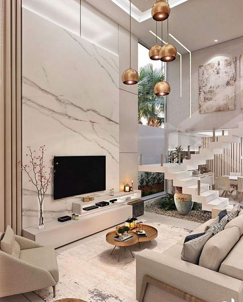 Sala de Estar Moderna: +80 Projetos Originais e Inspiradores para 2020 High Ceiling Living Room, Living Room Tv Unit Designs, Tv Room Design, Luxury Living Room Design, Home Stairs Design, Design Room, Living Room Design Decor, Room Decorations, Living Room Decor Apartment