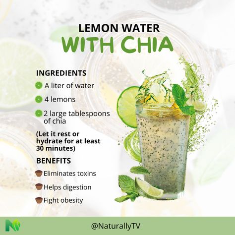 Transform your day with lemon water with chia! 🤩  This refreshing drink is not only delicious, but it also offers incredible benefits.  The combination of lemon, rich in vitamin C, and chia, full of fiber and Omega-3, creates an elixir that helps digestion and promotes hydration.✅  In addition, its satiating effect will help you control hunger.  What are you waiting for to try it?🤔 #Naturallytv Chia Lemon Water, Chia Water, Hot Lemon Water, Help Digestion, Lemon Water, Women's Health, Refreshing Drinks, Omega 3, Womens Health