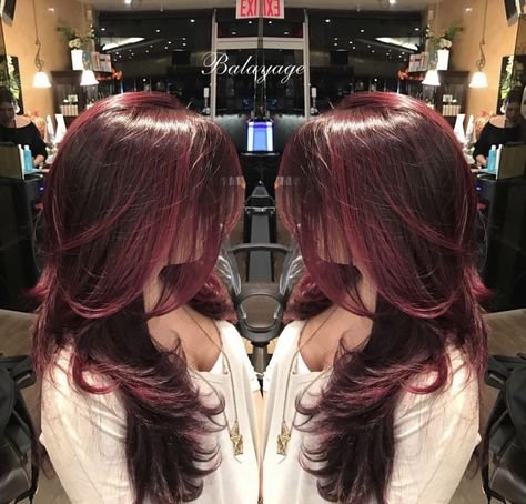 Dark Red With Brown Hair, Red Vine Hair Color, Wine Hair Color With Highlights, Dark Red With Light Red Highlights, Deep Cherry Red Hair Highlights, Wine Red Hair With Highlights, Red Wine Hair Color With Highlights, Wine Red Highlights In Brown Hair, Wine Red Highlights On Black Hair