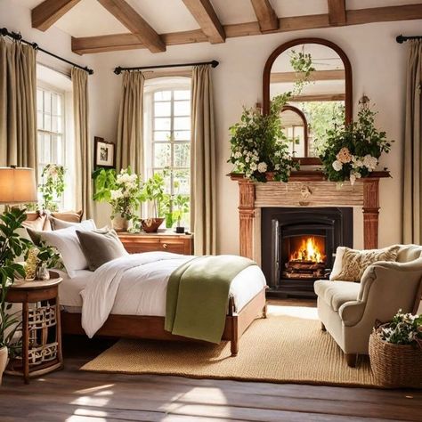 Tudor Bedroom Ideas, Bedroom Gas Fireplace Ideas, Bedrooms With Fireplaces Master, Boho Bedroom With Fireplace, Rustic Cottage Bedroom Ideas, Bedroom Layout With Fireplace, Cottage Master Bed, Bedroom Fireplace Ideas Master, Small Bedroom With Fireplace