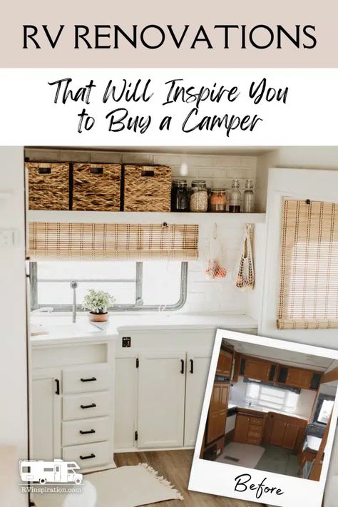 Before and after photos of 10 RV makeovers featuring painted walls and cabinets and new decor. Get ideas for your RV renovation! | rvinspiration.com #RVmakeover #RVrenovation #RVideas #RVmakeoverbeforeandafter #RVrenovationbeforeandafter Rv Flip Camper Makeover, Rv Makeover Before And After, Paint Rv, Rv Cabinets, Rv Redo, Rv Interior Remodel, Camper Trailer Remodel, Rv Renovation, Vintage Camper Remodel