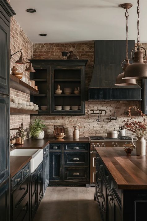 40 Stunning Black Kitchen Ideas for Every Style – From Modern to Rustic - The Ivy Kitchen Blog Black Room Wood Accents, Black Cabinets Brick Backsplash, Butcher Block Countertops Dark Cabinets, Dark Cottage Core Kitchen, Rustic Black Kitchen Cabinets, Moody Cottage Kitchen, Blank Wall In Kitchen Ideas, Brown And Black Kitchen, All Black Kitchen Ideas