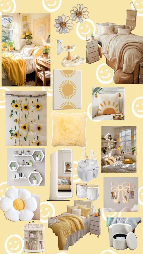 Aesthetic Room With Yellow Walls, Yellow And White Room Ideas, Yellow Aesthetic Room Ideas, Light Yellow Room Decor, Room Inspo Yellow, Pastel Yellow Room Aesthetic, Girls Yellow Bedroom Ideas, Yellow Teen Bedroom, Pastel Yellow Bedroom Ideas