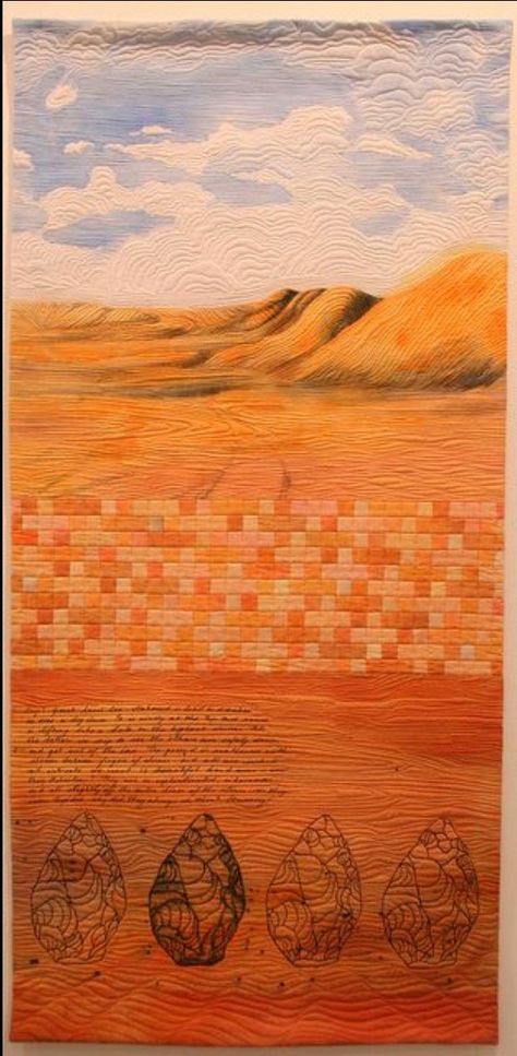 Desert Quilt by Jenny Bowker, Canberra, Australian textile artist. She has an amazing series blending traditional quilt blocks with representations of life and a great way of of using colours. Desert Quilt, Landscape Art Quilts, Art Quilting, Landscape Quilt, Quilt Art, Landscape Quilts, Picture Quilts, Desert Art, Textile Fiber Art